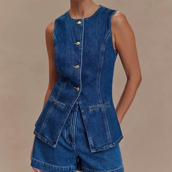 Meshki Tops - Meshki Abel Denim Dark Blue Button Up Sleeveless Top Sz. M